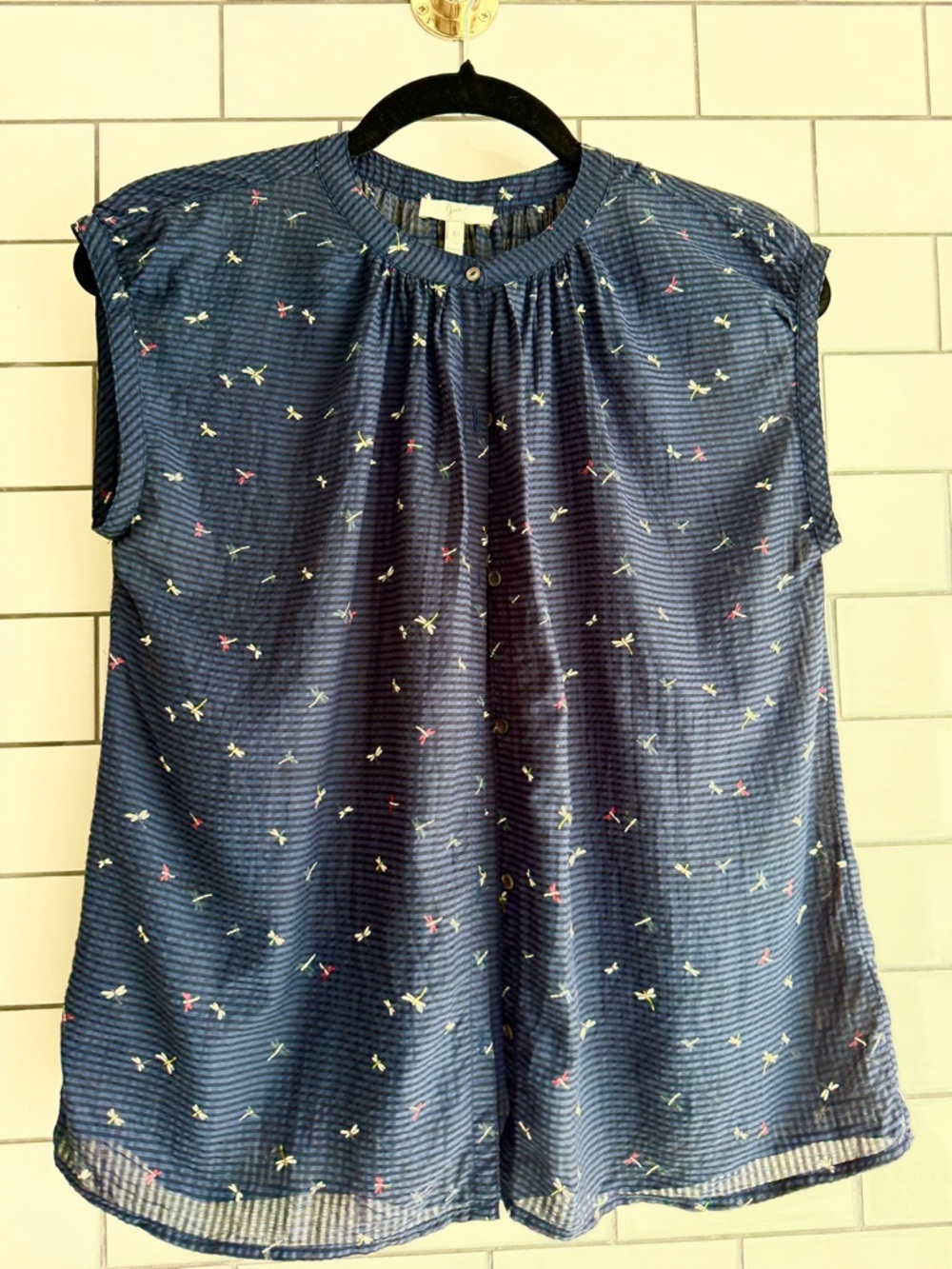 Joie Navy Cap-Sleeve Blouse with Tiny Floral Sprigs